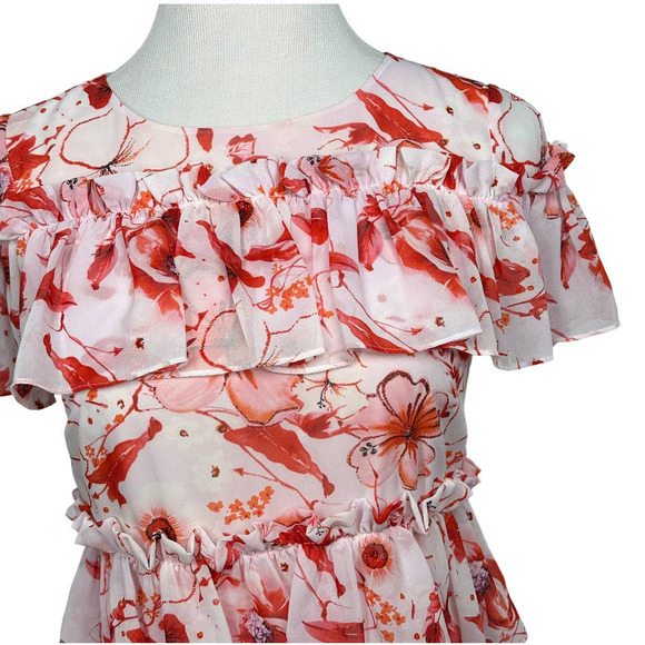 BADGLEY MISCHKA Floral Print Runway Dress SZ 2 Pink Ruffle Tiered Shift Dress - Picture 3 of 11